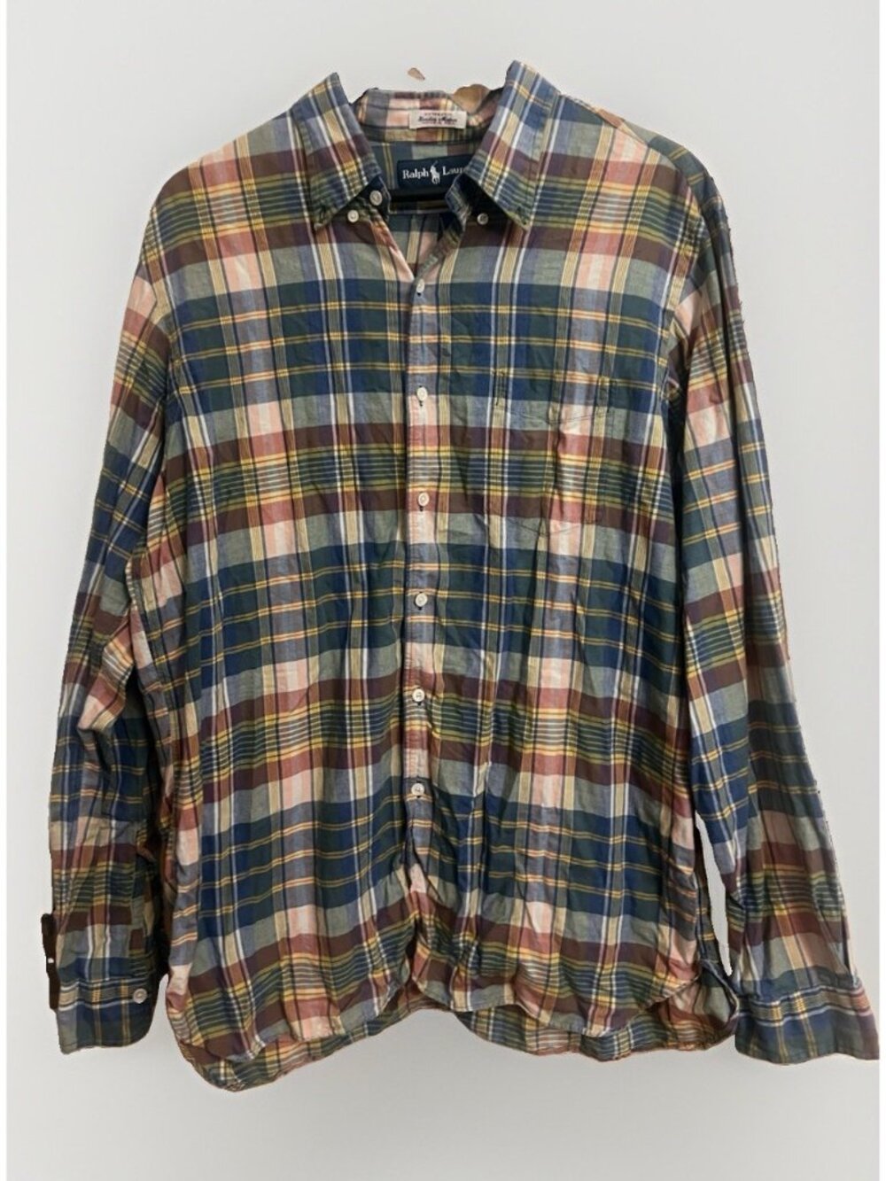 Polo Ralph Lauren Men's Large Bleeding Madras Plaid Long Sleeve Button Up Shirt